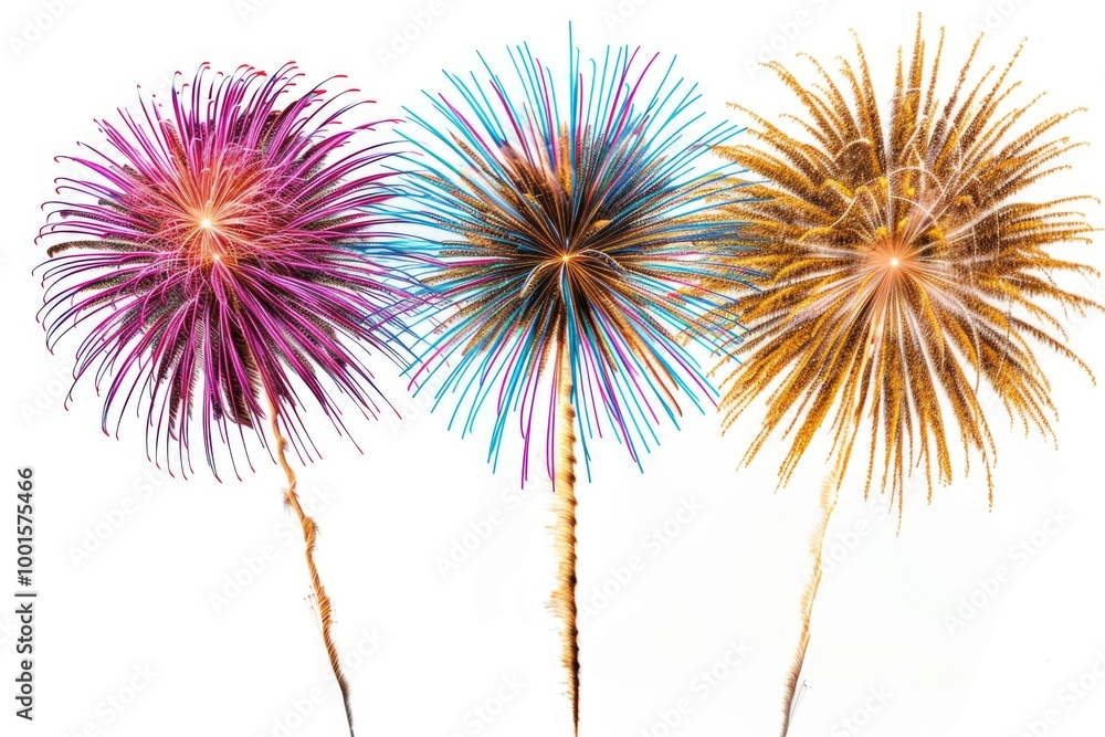 Fototapeta premium Fireworks explosion on a white background with red, yellow and green colors