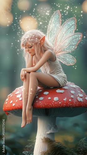 A magical fairy relaxes on a colorful mushroom, surrounded by twinkling stars and sparkling light