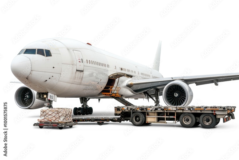 Fototapeta premium A large commercial jetliner sitting on top of a flatbed truck, with no context or surrounding environment