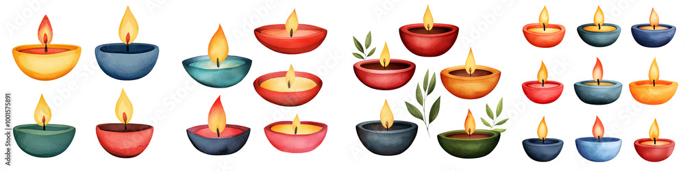 Colorful traditional oil lamps with flames, Transparent background Colorful traditional oil lamps with flames, Transparent background