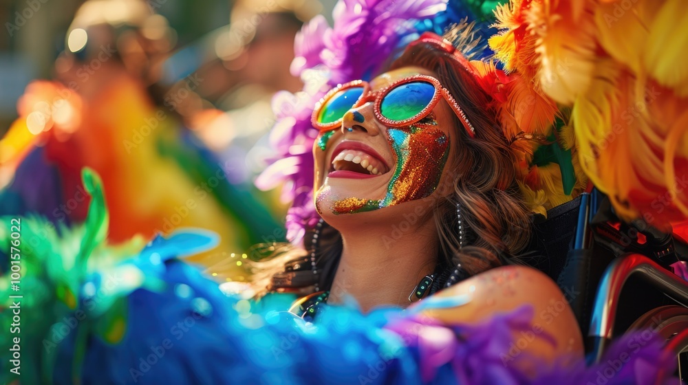 A woman wearing a bright and vibrant costume and sunglasses, perfect for a fun and playful scene A woman wearing a bright and vibrant costume and sunglasses, perfect for a fun and playful scene
