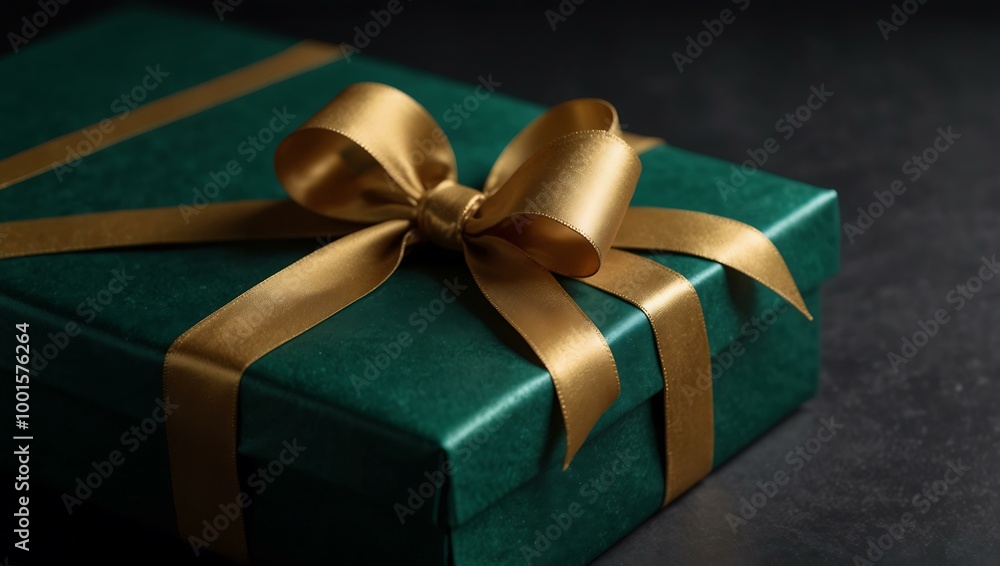 Elegant emerald green gift box with a gold ribbon on a black background. Elegant emerald green gift box with a gold ribbon on a black background.