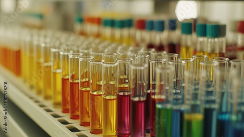 Rows of test tubes filled with colorful liquids arranged in a lab, representing scientific research, experimentation, and chemical analysis. 