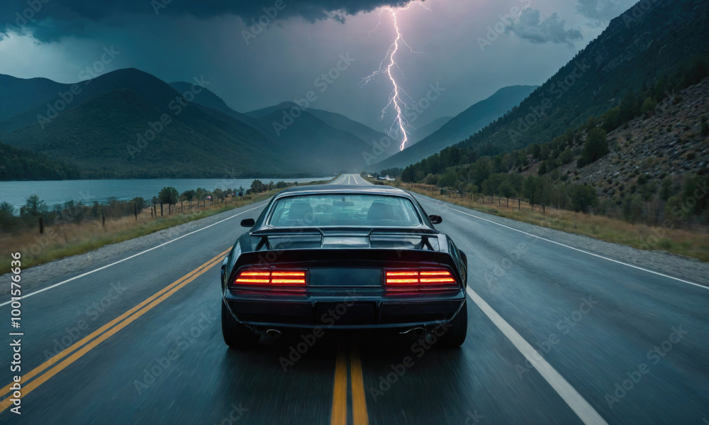 Fototapeta premium A black car drives down a highway with a lake and mountains in the background, a lightning bolt strikes in the distance