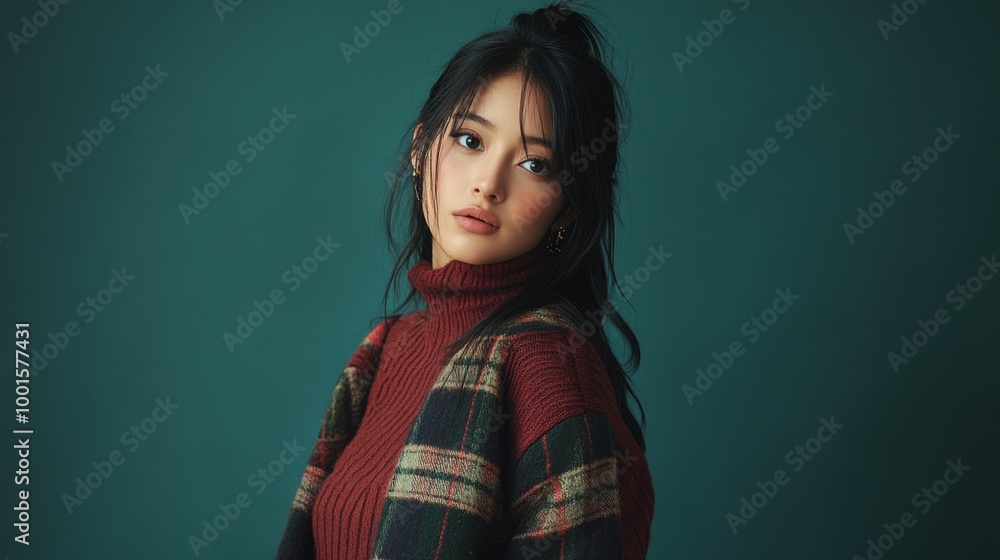 Young woman poses in a cozy outfit against a teal backdrop Young woman poses in a cozy outfit against a teal backdrop