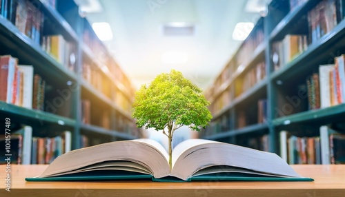 education concept with tree of knowledge planting on opening old big book in library with textbook, stack piles of text archive and aisle of bookshelves in school study class room