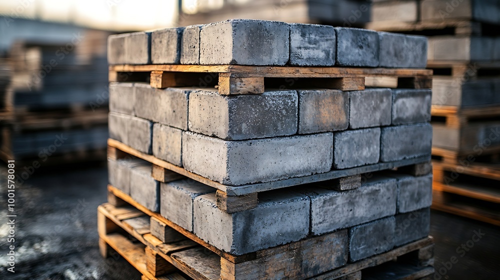 Concrete Cinder Blocks in Industrial Pallets Grey brick Shapes building material New for use on construction site or store in europe : Generative AI Concrete Cinder Blocks in Industrial Pallets Grey brick Shapes building material New for use on construction site or store in europe : Generative AI