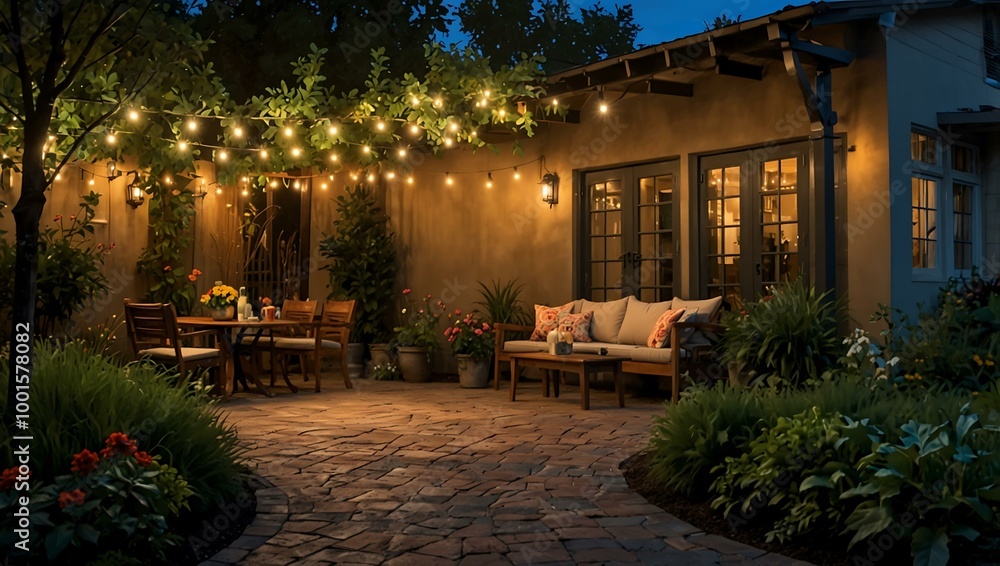Enchanting patio adorned with vibrant garden lights. Enchanting patio adorned with vibrant garden lights.
