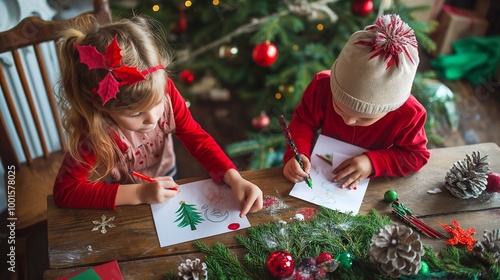Two children are busy drawing christmas cards, surrounded by festive decorations and the warm glow of the christmas tree. The scene evokes the joy and creativity of the holiday new year season