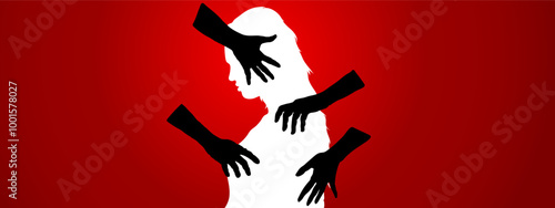 stop woman sexual harassment template with white woman with black hands around her in red background