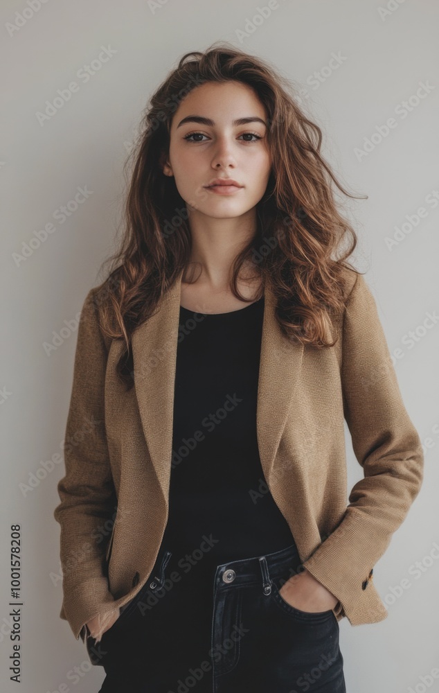 Young woman with wavy hair poses in trendy outfit Young woman with wavy hair poses in trendy outfit