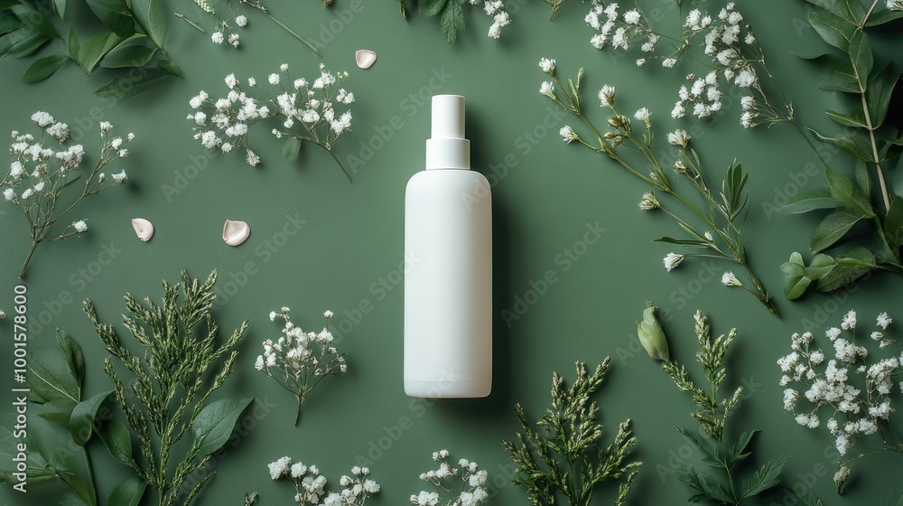 A top view of a trendy skincare product in a white bottle, set on a green background with floral accents, ideal for eco-friendly beauty product branding A top view of a trendy skincare product in a white bottle, set on a green background with floral accents, ideal for eco-friendly beauty product branding