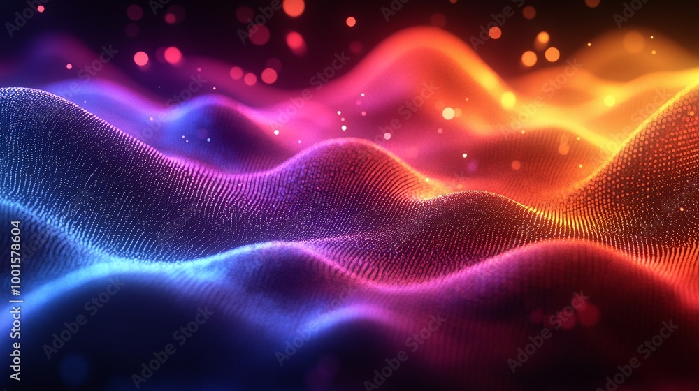 Obraz premium abstract digital art background with colorful glowing particles pulsing to sound waves, vibrant energy in motion, dynamic music visualization concept with rhythmic light flow and visual movement