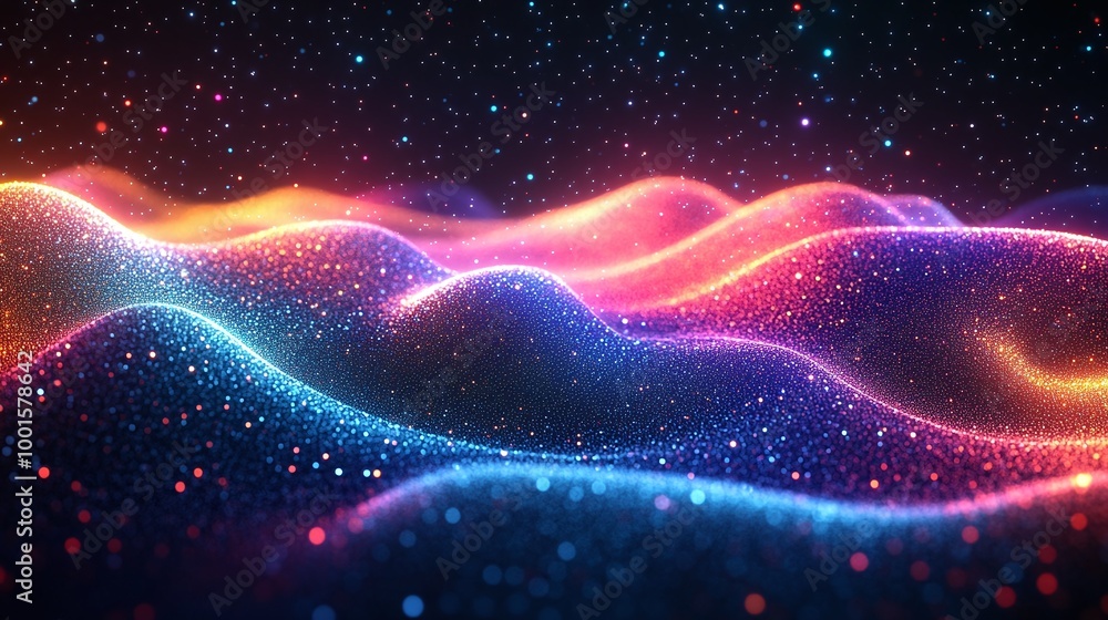 abstract digital art background with colorful glowing particles pulsing to sound waves, vibrant energy in motion, dynamic music visualization concept with rhythmic light flow and visual movement abstract digital art background with colorful glowing particles pulsing to sound waves, vibrant energy in motion, dynamic music visualization concept with rhythmic light flow and visual movement