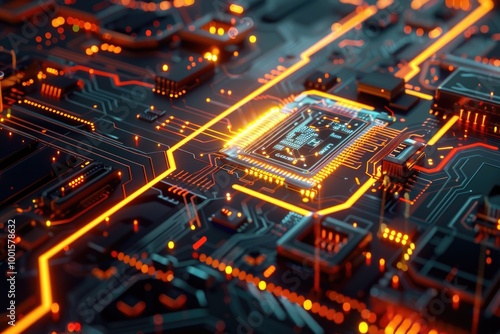 Detailed view of electronic components and wires on a circuit board