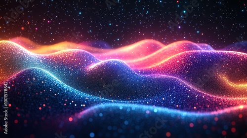 abstract digital art background with colorful glowing particles pulsing to sound waves, vibrant energy in motion, dynamic music visualization concept with rhythmic light flow and visual movement