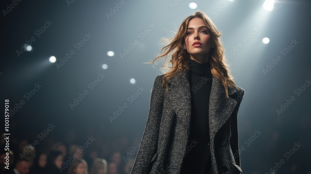Model showcasing a stylish coat on the runway during a fashion show Model showcasing a stylish coat on the runway during a fashion show