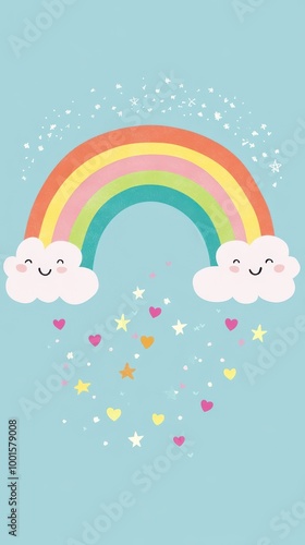 A rainbow arcs over fluffy clouds, sprinkled with stars and hearts for a whimsical touch
