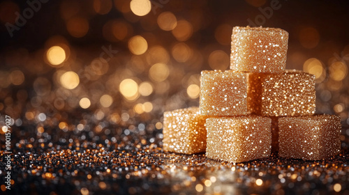 En gros plan, des cubes de sucre brun et de cassonade sont isolés, empilés sur fond blanc. Ce tas de bonbons naturels évoque un dessert sain, parfait pour agrémenter un café. photo