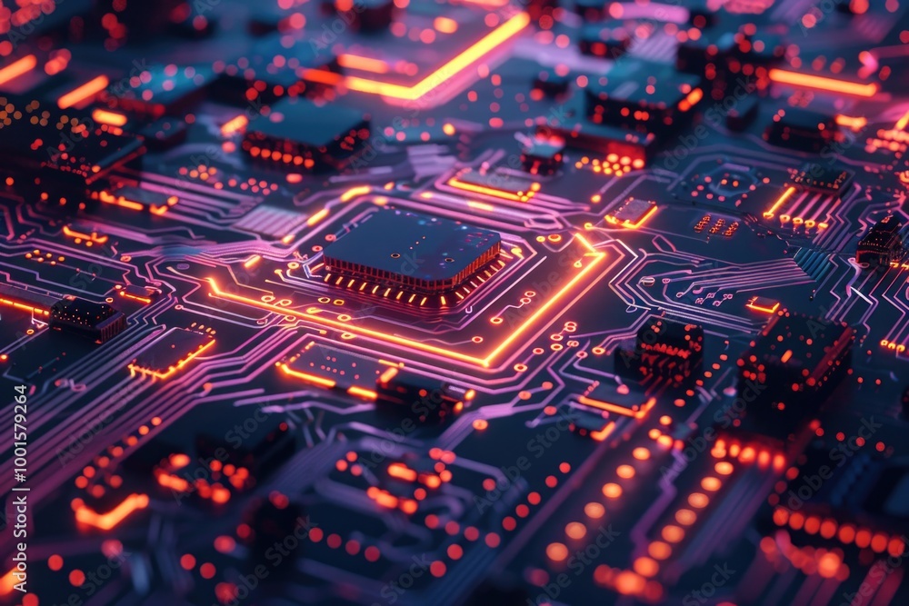 Close-up view of an electronic circuit board with various components and wires Close-up view of an electronic circuit board with various components and wires
