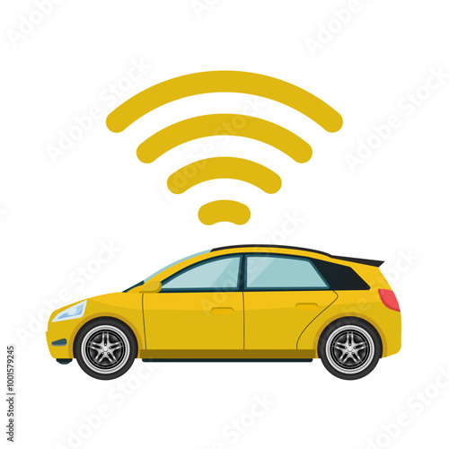 Car with Wi-Fi icon featuring GPS, WiFi, and radar signals. A creative element for ads. Vector.