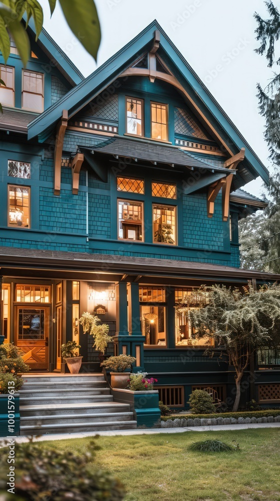 A stylish craftsman home in deep teal, with intricate woodwork and a welcoming front porch. A stylish craftsman home in deep teal, with intricate woodwork and a welcoming front porch.