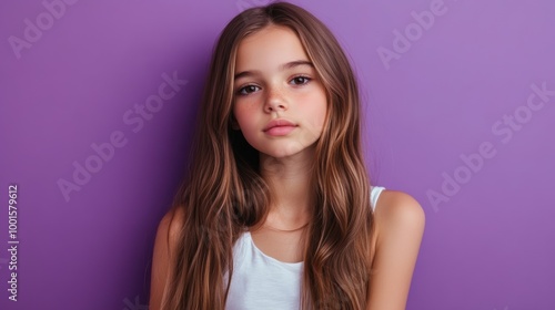 Young girl with long hair poses in front of purple wall indoors