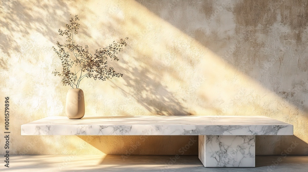 Modern Minimalist Marble Table with Vase and Shadow Play Modern Minimalist Marble Table with Vase and Shadow Play