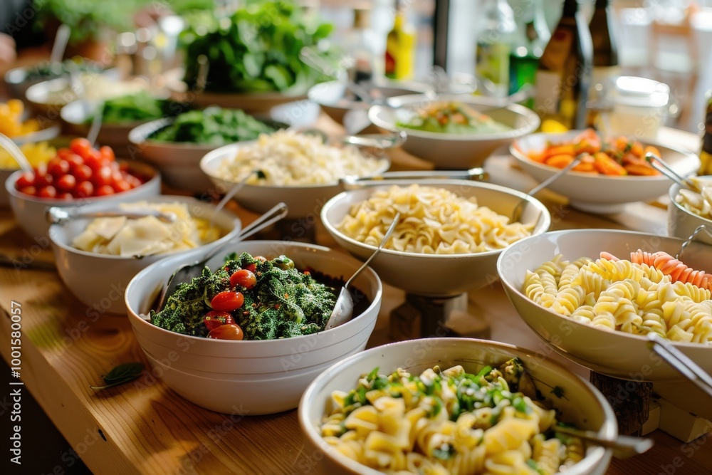 A table with many bowls of food, including pasta and vegetables, generative ai image A table with many bowls of food, including pasta and vegetables, generative ai image