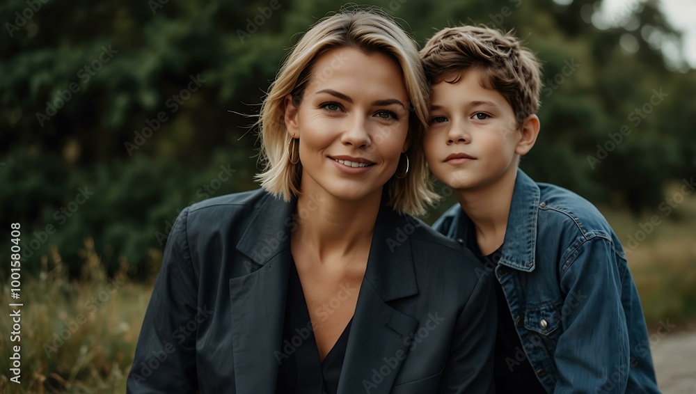 Fashionable outdoor portrait of a confident woman and her son. Fashionable outdoor portrait of a confident woman and her son.