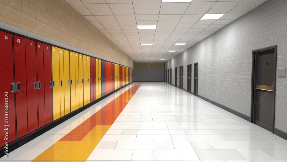 Fototapeta premium School Hallway With Colorful Lockers And White Tile Floor
