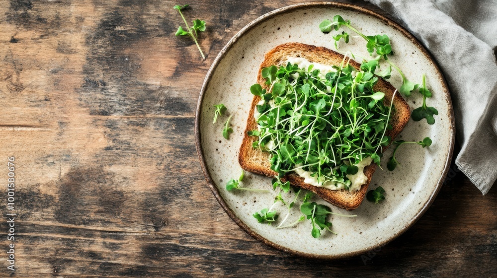 Freshly made toast topped with microgreens on a rustic plate Freshly made toast topped with microgreens on a rustic plate