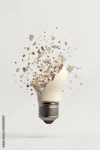 Innovative light bulb shattering into fragments, white isolated background.