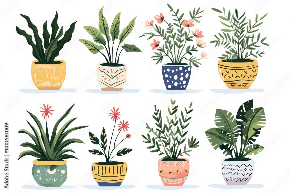 A collection of potted plants against a white background A collection of potted plants against a white background