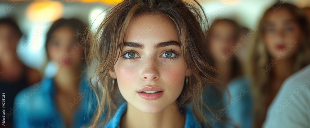 Close-up Portrait of a Young Woman with Wavy Brown Hair and Blue Eyes Close-up Portrait of a Young Woman with Wavy Brown Hair and Blue Eyes