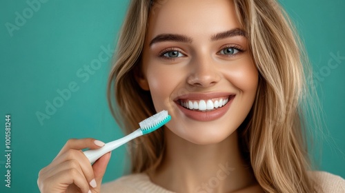 Young woman brushing her teeth in a brightly colored bathroom