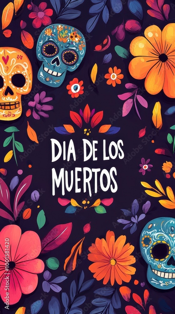 Vibrant sugar skulls and flowers form a festive backdrop for Dia de los Muertos Vibrant sugar skulls and flowers form a festive backdrop for Dia de los Muertos