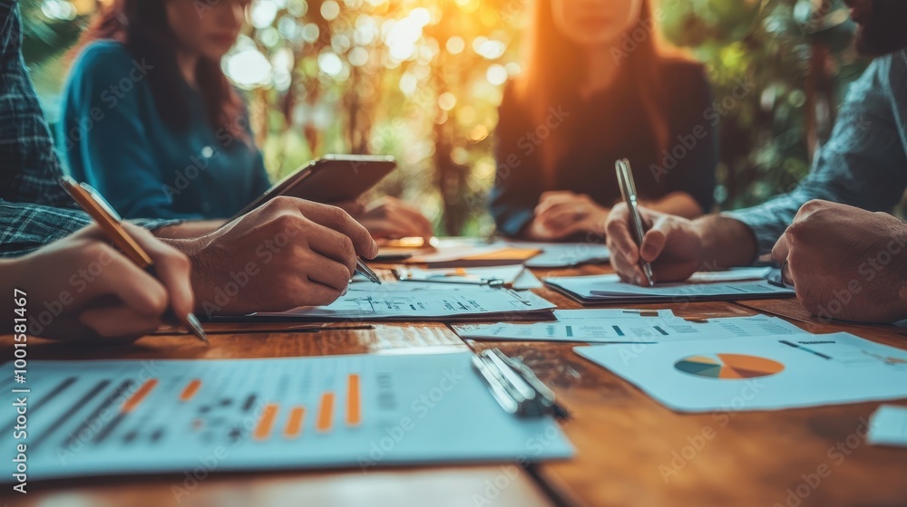 A focused team working together around a table review A focused team working together around a table review