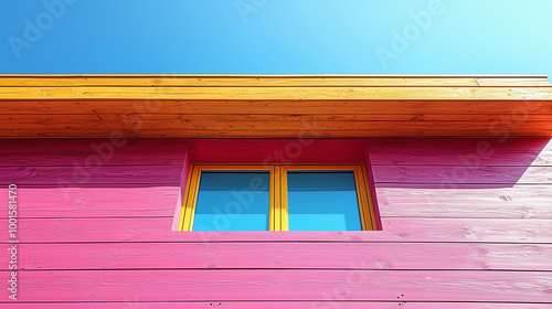 Une maison au design ancien présente un toit en bois et des fenêtres en verre. Les cadres rouges soulignent l'architecture chaleureuse du bungalow sous un ciel dégagé. photo