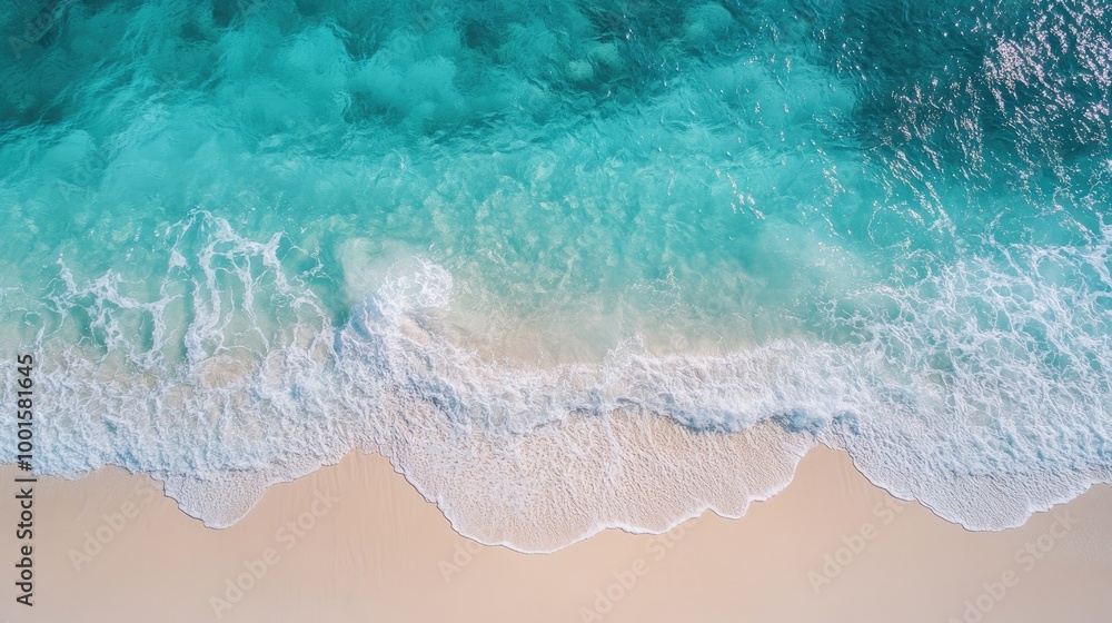 Aerial shot of a sunny coastline with turquoise water and gentle waves, capturing a beautiful beach scene Aerial shot of a sunny coastline with turquoise water and gentle waves, capturing a beautiful beach scene