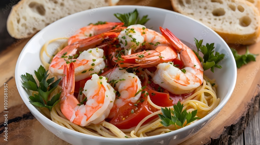 Shrimp scampi with tomatoes over spaghetti, garnished with parsley Shrimp scampi with tomatoes over spaghetti, garnished with parsley