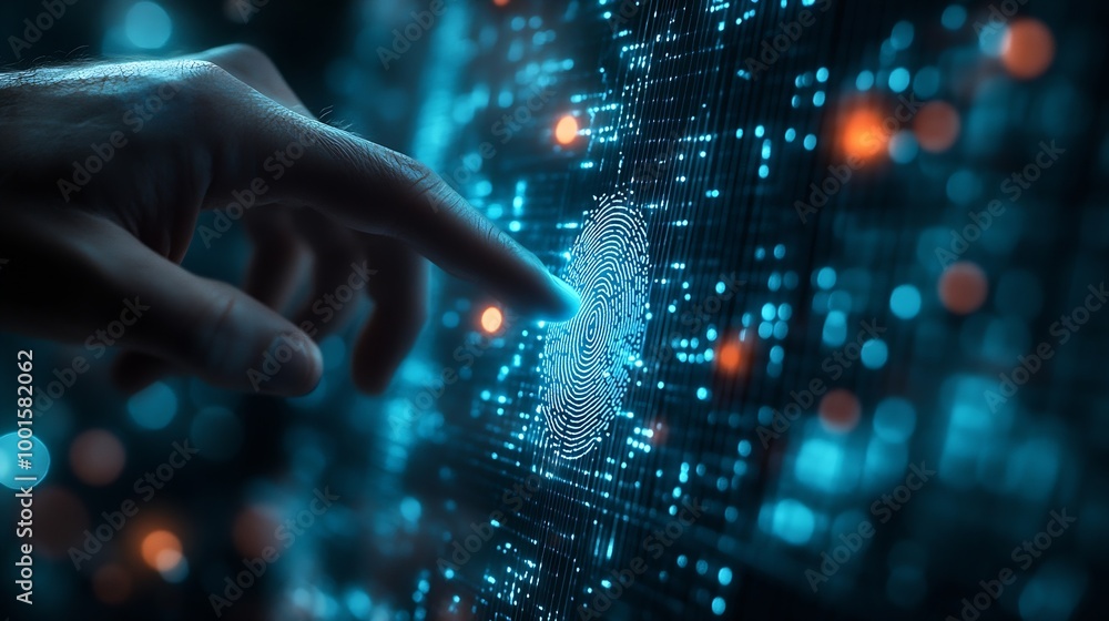 Cyber security and data protection Businessman fingerprint scanning to access business data with ai and network connection Biometric security technology data encryption network securit : Generative AI