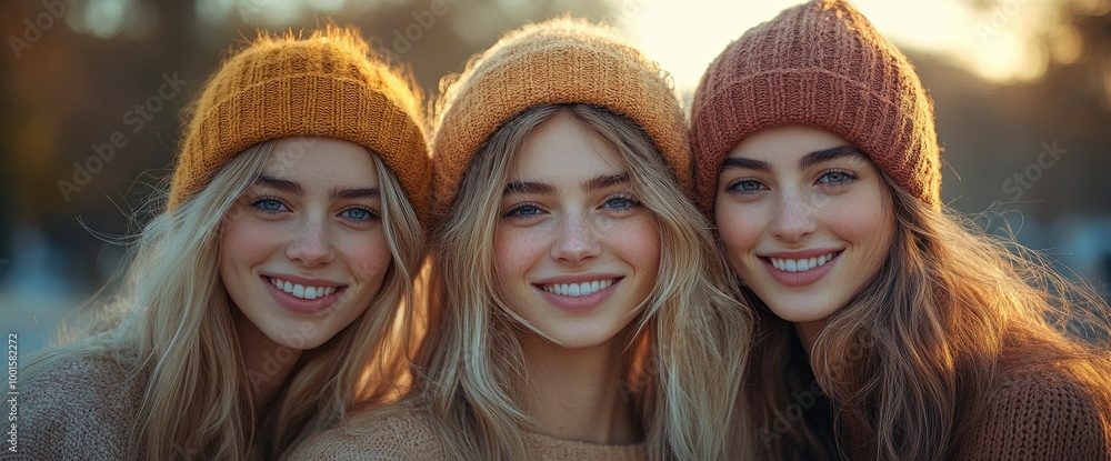 Fototapeta premium Three Beautiful Young Women Smiling in Knitted Hats