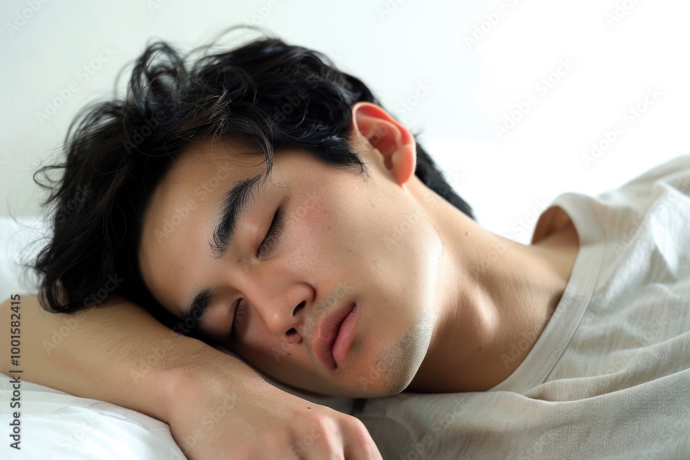 A person is resting peacefully on a bed with their eyes closed A person is resting peacefully on a bed with their eyes closed