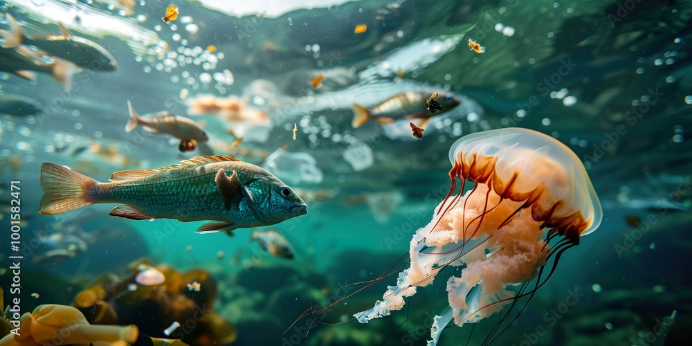 Underwater scene showing fish and jellyfish swimming among scattered plastic waste and debris in the ocean Underwater scene showing fish and jellyfish swimming among scattered plastic waste and debris in the ocean