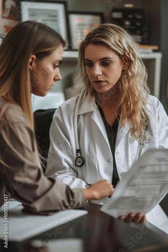 Two women in lab coats reviewing documents together