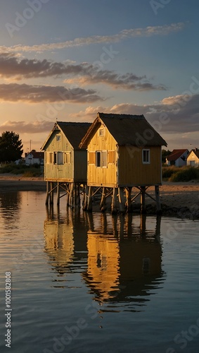 Fishing huts on stilts at dusk in Fouras, Aquitaine, France.