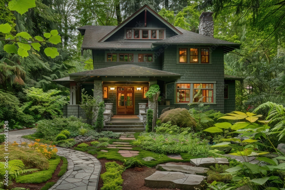 A stunning Craftsman-style house exterior in forest green, adorned with lush landscaping and stone pathway, showcasing timeless elegance and charm. A stunning Craftsman-style house exterior in forest green, adorned with lush landscaping and stone pathway, showcasing timeless elegance and charm.