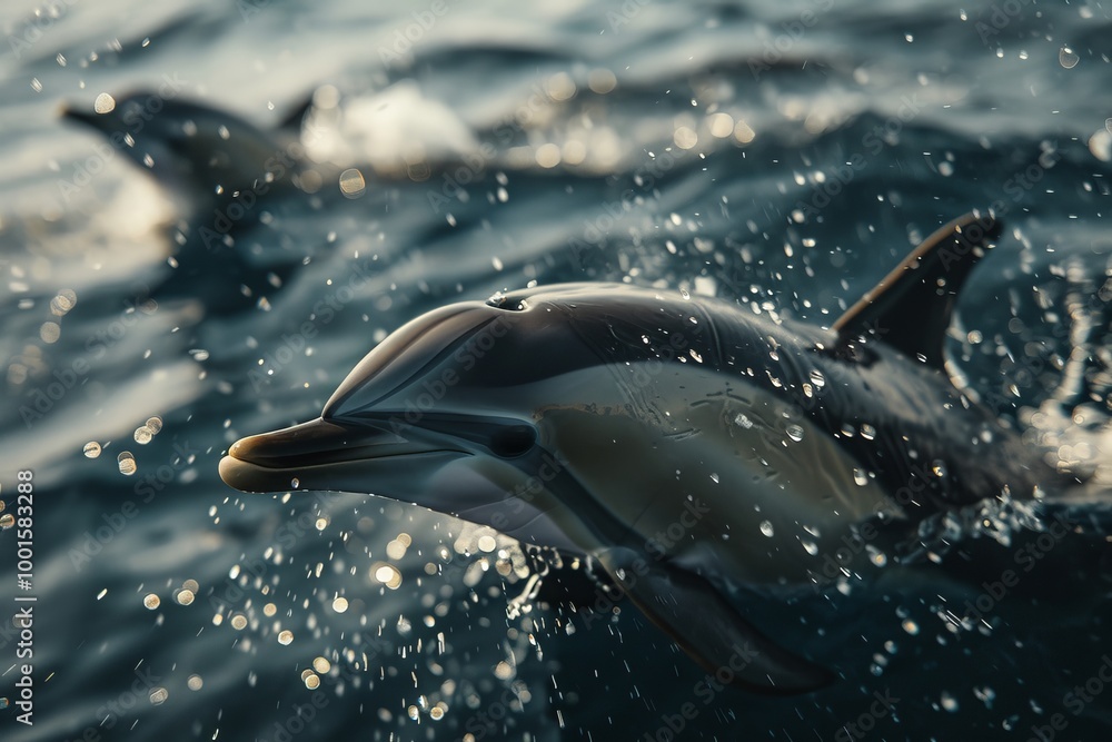 Fototapeta premium A captivating photography shot featuring playful dolphins leaping joyfully from the ocean waves
