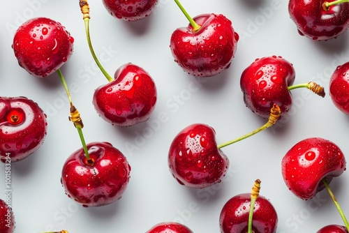 Ripe, Freshly Washed Sweet Red Cherries With Stems, Arranged on White Background, Overhead